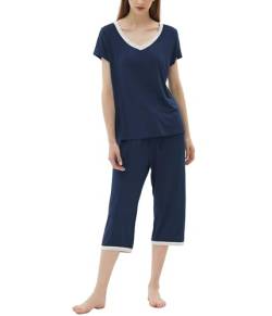 Joyaria Damen Pyjama-Sets Kurzarm mit Caprihose Sommer Schlafanzug Zweitiliger mit 3/4 Schlahose Viskose Nachtwäsche Hausanzug(Marineblau,XL) von Joyaria