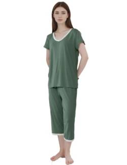 Joyaria Damen Pyjama-Sets Kurzarm mit Caprihose Sommer Schlafanzug Zweitiliger mit 3/4 Schlahose Viskose Nachtwäsche Hausanzug(Oliv,XL) von Joyaria