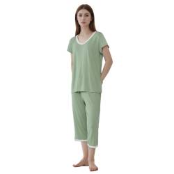 Joyaria Damen Pyjama-Sets Kurzarm mit Caprihose Sommer Schlafanzug Zweitiliger mit 3/4 Schlahose Viskose Nachtwäsche Hausanzug(Salbei Grün,XL) von Joyaria