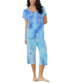 Joyaria Damen Pyjama-Sets Kurzarm mit Caprihose Sommer Schlafanzug Zweitiliger mit 3/4 Schlahose Viskose Nachtwäsche Hausanzug(Tie Dye,XL) von Joyaria