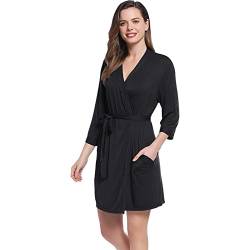 Joyaria Damen Sauna Bademantel Kurz 3/4 Ärmel Morgenmantel Leicht mit Gürtel Saunamantel Kimono Robe Hausmantel Viskose aus Bambus V-Ausschnitt(Schwarz,XXL) von Joyaria