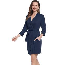 Joyaria Damen Sauna Bademantel Leicht 3/4 Ärmel Morgenmantel Kurz mit Gürtel Saunamantel Kimono Robe Hausmantel Viskose aus Bambus V-Ausschnitt(Marineblau,XXL) von Joyaria