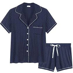 Joyaria Damen Schlafanzug Kurz mit Knopfleiste/Knöpfe Pyjama Geknöpft Baumwolle Kurzarm Nachtwäsche Hausanzug(Blauer Punkt, Größe M) von Joyaria
