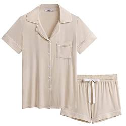 Joyaria Damen Schlafanzug Kurz mit Knopfleiste/Knöpfe Pyjama Schlafanzüge Kurzarm komfortabel (Creme,Größe L) von Joyaria