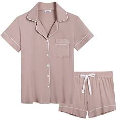 Joyaria Damen Schlafanzug Kurze Pyjama Set mit Knopfleiste für Sommer Schlafanzüge Kurzarm Bambus(Hellrosa,Größe M) von Joyaria