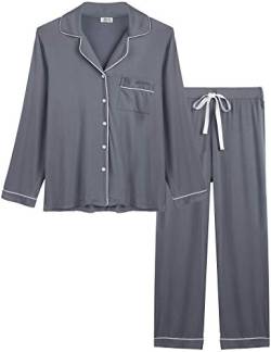 Joyaria Damen Schlafanzug Lang mit Knopfleiste/Winter Knöpfen Pyjama Langarm für Winter Nachtwäsche Hausanzug Zweiteiliger （Grau,Größe L von Joyaria