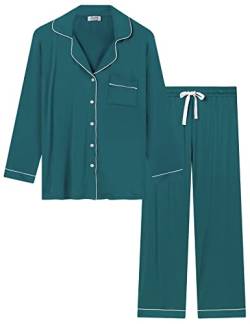 Joyaria Damen Schlafanzug Lang mit Knopfleiste/Winter Knöpfen Pyjama Langarm für Winter Nachtwäsche Hausanzug Zweiteiliger （Grün,Größe L von Joyaria