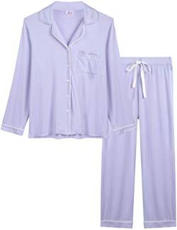 Joyaria Damen Schlafanzug Lang mit Knopfleiste/Winter Knöpfen Pyjama Langarm für Winter Nachtwäsche Hausanzug Zweiteiliger （Helles Lila,Größe XXL von Joyaria