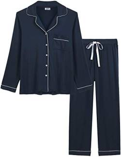 Joyaria Damen Schlafanzug Lang mit Knopfleiste/Winter Knöpfen Pyjama Langarm für Winter Nachtwäsche Hausanzug Zweiteiliger （Marineblaue,Größe M von Joyaria