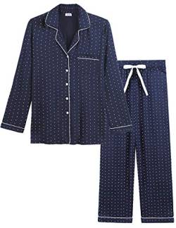 Joyaria Damen Schlafanzug Lang mit Knopfleiste/Winter Knöpfen Pyjama Langarm für Winter Nachtwäsche Hausanzug Zweiteiliger （Marineblaue Punkte,Größe S von Joyaria