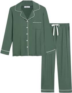 Joyaria Damen Schlafanzug Lang mit Knopfleiste/Winter Knöpfen Pyjama Langarm für Winter Nachtwäsche Hausanzug Zweiteiliger （Olive,Größe L von Joyaria