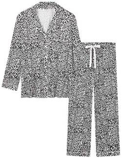 Joyaria Damen Schlafanzug Lang mit Knopfleiste/Winter Knöpfen Pyjama Langarm für Winter Nachtwäsche Hausanzug Zweiteiliger （Schwarz Leopard,Größe XXL von Joyaria