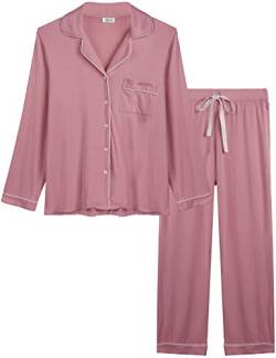 Joyaria Damen Schlafanzug Lang mit Knopfleiste/Winter Knöpfen Pyjama Langarm für Winter Nachtwäsche Hausanzug Zweiteiliger （Staubige Rose,Größe L von Joyaria