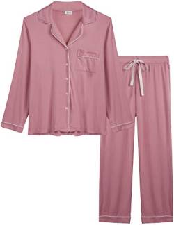 Joyaria Damen Schlafanzug Lang mit Knopfleiste/Winter Knöpfen Pyjama Langarm für Winter Nachtwäsche Hausanzug Zweiteiliger （Staubige Rose,Größe M von Joyaria