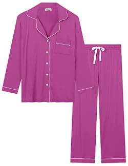 Joyaria Damen Schlafanzug Lang mit Knopfleiste/Winter Knöpfen Pyjama Langarm für Winter Nachtwäsche Hausanzug Zweiteiliger （Staubiges Lila,Größe L von Joyaria