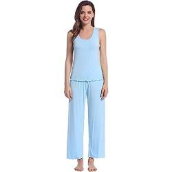 Joyaria Damen Schlafanzug Sommer Kurz Pyjama Set mit Ärmellos-Top und Lange Pyjamahose Hausanzug Zweiteilige Nachtwäsche Weich für Frauen(Hellblau,Größe S) von Joyaria