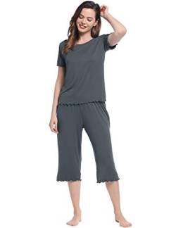 Joyaria Damen Schlafanzug für Frauen Pyjama Set Damen Hausanzug Zweiteiliger Sommer Nachtwäsche Kurzarm-Top und 3/4 Lange Caprihose(Dunkelgrau,S) von Joyaria