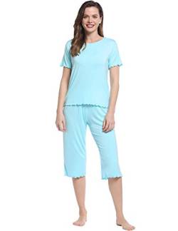 Joyaria Damen Schlafanzug für Frauen Pyjama Set Damen Hausanzug Zweiteiliger Sommer Nachtwäsche Kurzarm-Top und 3/4 Lange Caprihose(Hellblau,S) von Joyaria