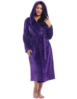 Joyaria Damen Winter Warme Lang Bademantel luxuriös Plüsch Kapuze Super Weiche Fleece Kapuzenbademantel Flauschiges Flanell(Lila,S) von Joyaria