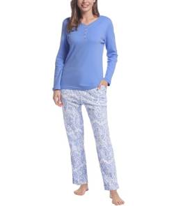 Joyaria Flanell Pyjama Damen Winter Schlafanzug Zweiteilger Lang Frottee Nachtwäsche V-Ausschnitt mit Knöpfen 100% Bamuwolle Hausanzug Lässige Lougewear(Blau/Blumen,S) von Joyaria