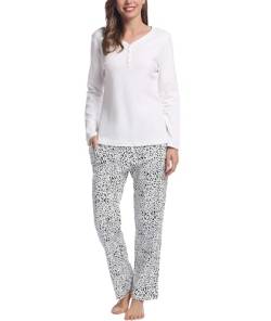 Joyaria Frottee Schlafanzug Damen Lang Christmas Pyjama-Set Flanell V-Ausschnitt Nachtwäsche Winter für Frauen Weich Hausanzug Warm Lougewear mit Knöpfen(Leopard Weiß,XL) von Joyaria