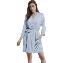 Joyaria Morgenmantel Damen Leicht 3/4 Ärmel Sauna Bademantel Kurz Saunamantel Kimono Robe Hausmantel mit Kimono-Kragen Viskose aus Bambus(Staubiges Blau,XL) von Joyaria