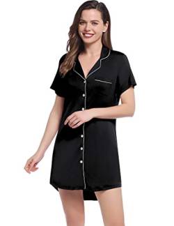 Joyaria Nachthemd Damen Kurzarm Knielang, Baumwolle Nachtwäsche Kurze mit Knopfleiste Schlafshirt Frauen (Schwarz，XL) von Joyaria