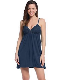 Joyaria Nachthemd Negligee Damen Nachtkleid Spitze Weich Nachtwäsche Schlafkleid Nachtkleid(Marineblau,Größe L) von Joyaria