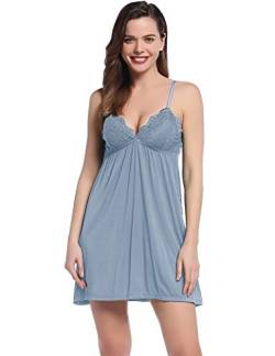 Joyaria Nachtkleid Spitze Negligee Nachthemd Damen Baumwolle Nachtwäsche Schlafkleid Nachtkleid(Blau,Größe M) von Joyaria