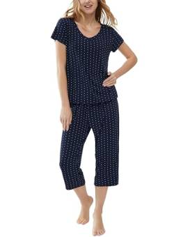Joyaria Pyjama Damen Kurz-Top mit 3/4 Schlafhose Sommer Schlafanzug Zweiteiliger Weicht Hausanzug Bambus Sleepwear(Marineblau gepunktet,S) von Joyaria