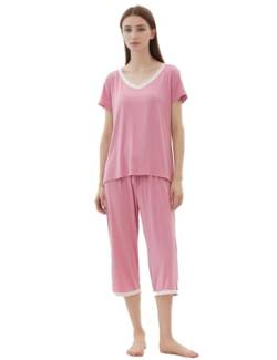 Joyaria Pyjama Damen Kurz-Top mit 3/4 Schlafhose Sommer Schlafanzug Zweiteiliger Weicht Hausanzug Bambus Sleepwear(Staubiges Rosa,S) von Joyaria