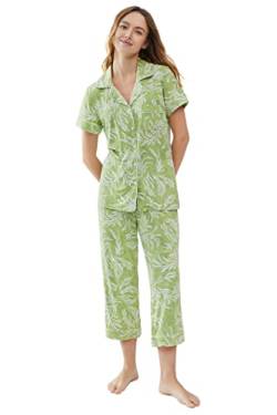 Joyaria Pyjama Damen Kurzarm Schlafanzug Set mit Knöpfen Kurz Sleepwear V-Ausschnitt Sommer Nachtwäsche mit Caprihose Leicht Sleepshirt Viskose Hausanzug(Cropgrün,S) von Joyaria