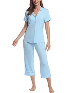 Joyaria Pyjama Damen Kurzarm Schlafanzug Set mit Knöpfen Kurz Sleepwear V-Ausschnitt Sommer Nachtwäsche mit Caprihose Leicht Sleepshirt Viskose Hausanzug(Hellblau,S) von Joyaria