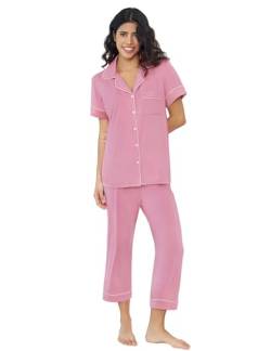 Joyaria Pyjama Damen Kurzarm Schlafanzug Set mit Knöpfen Kurz Sleepwear V-Ausschnitt Sommer Nachtwäsche mit Caprihose Leicht Sleepshirt Viskose Hausanzug(Staubige Rose,S) von Joyaria
