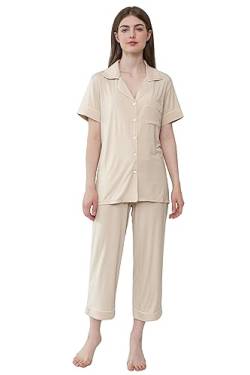 Joyaria Pyjama Damen Kurzarm Schlafanzug Set mit Knöpfen Kurz Sleepwear V-Ausschnitt Sommer Nachtwäsche mit Caprihose Leicht Sleepshirt Viskose Hausanzug(Vanille Creme,S) von Joyaria