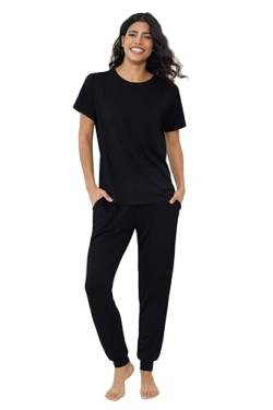 Joyaria Pyjama Damen Kurzarm mit Lange Hose Schlafanzug Sommer Zweiteiliger Nachtwäsche Lang Hausanzug Leicht Sleepwear für Frauen(Schwarz,XL) von Joyaria