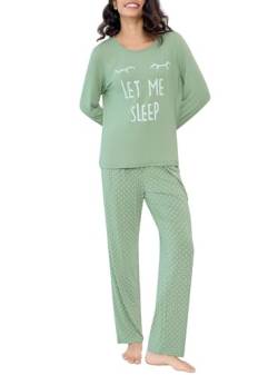 Joyaria Pyjama Damen Lang Warm Schlafanzug Frühling Buchstabe Druckt Langarm-Top und Polaka Dot Pyjamahose mit Taschen Zweiteiliger Hausanzug Nachtwäsche(Salbei Grün,M) von Joyaria