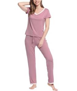 Joyaria Pyjama Set Damen Kurz Sommer Schlafanzug Kurzarm mit Lang Schlafhose Bambus Hausanzug Zweiteiliger Nachtwäsche Sleepwear(Staubige Rose,XXL) von Joyaria