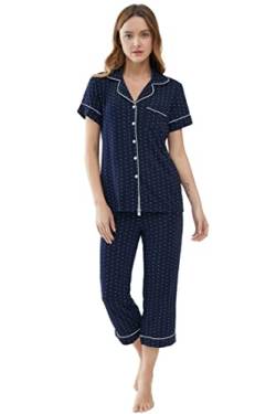 Joyaria Pyjamas Damen Kurz mit Knopfleiste Sommer Schlafanzug Zweiteiliger Kurzarm V-Ausschnitt Sleepshirt Bequeme Viskose Nachtwäsche Hausanzug mit 3/4 Pyjamahose(Marineblaue Punkte,XL) von Joyaria