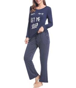 Joyaria Schlafanzug Damen Frühling Pyjama Damen Lang Zweiteilige Nachtwäsche Langarm Top Rundhalsausschnitt und Pyjamahose mit Tupfen Hausanzug Sleepwear(Marineblau,L) von Joyaria