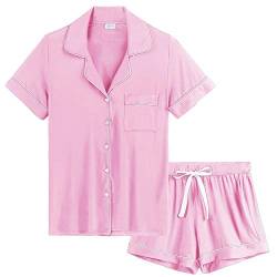 Joyaria Schlafanzug Damen Kurz Pyjama Set mit Knopfleiste/Knöpfe Jersey Kurzarm Zweiteiliger Nachtwäsche Hausanzug(Rosa, Größe XXL) von Joyaria
