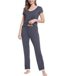 Joyaria Schlafanzug Damen Kurz Sommer Pyjama Set für Frauen Kurzarm-Top Lange Hose Dünn Nachtwäsche Hausanzug Zweiteiliger Sleepwear(Dunkelgrau,S) von Joyaria