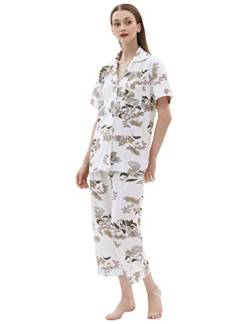 Joyaria Schlafanzug Damen Viskose Sommer Pyjamas für Frauen mit Knöpfe - V-Ausschnitt Kurzarm und 3/4 Hose Loungewear Kurz Zweiteiliger Nachtwäsche Sleepwear(Blumen,XXL) von Joyaria