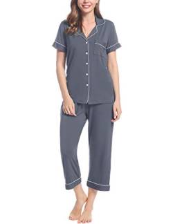 Joyaria Schlafanzug Damen Viskose Sommer Pyjamas für Frauen mit Knöpfe - V-Ausschnitt Kurzarm und 3/4 Hose Loungewear Kurz Zweiteiliger Nachtwäsche Sleepwear(Dunkelgrau,XXL) von Joyaria