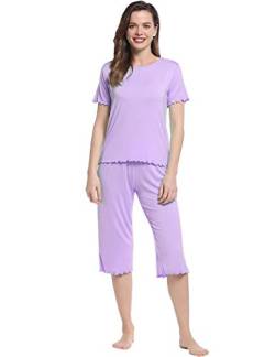 Joyaria Schlafanzug Damen Viskose aus Bambus Zweiteiliger Hausanzug Sommer Pyjama Set für Frauen Kurzarm-Top und 3/4 Lange Hose(Helles Lila,M) von Joyaria