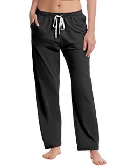 Pyjamahosen Damen Schlafanzug Lang Jersey Hose Weich Schlafanzughose Freizeithosen Haushose mit Taschen(Schwarz,Größe L) von Joyaria