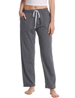 Pyjamahosen Damen Schlafanzug Lang Jersey Hose Weich Schlafanzughose Freizeithosen Haushose mit Zwei Taschen(Grau,Größe L) von Joyaria