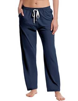 Pyjamahosen Damen Schlafanzug Lang Jersey Hose Weich Schlafanzughose Haushose Freizeithosen mit Zwei Taschen(Blau,Größe L) von Joyaria