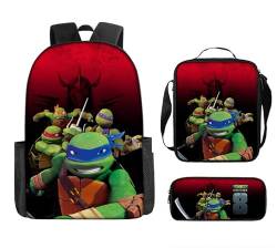Joyes Ninja Schildkröte Rucksack mit Lunch-Tasche, Federmäppchen, 3-teiliges Kinder-Büchertaschen-Set, 3D-gedruckte Reiserucksäcke, Cartoons Hohe Kapazität Schultasche,A von Joyes