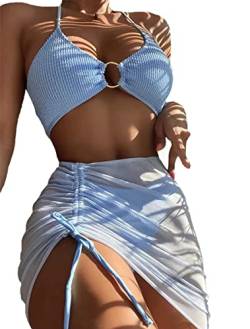 Joyhas Damen-Bikini-Sets mit Sarong-Rock, Neckholder, O-Ring, String, dreieckig, Bikini, Badeanzug, frecher Badeanzug, Blau, Medium von Joyhas